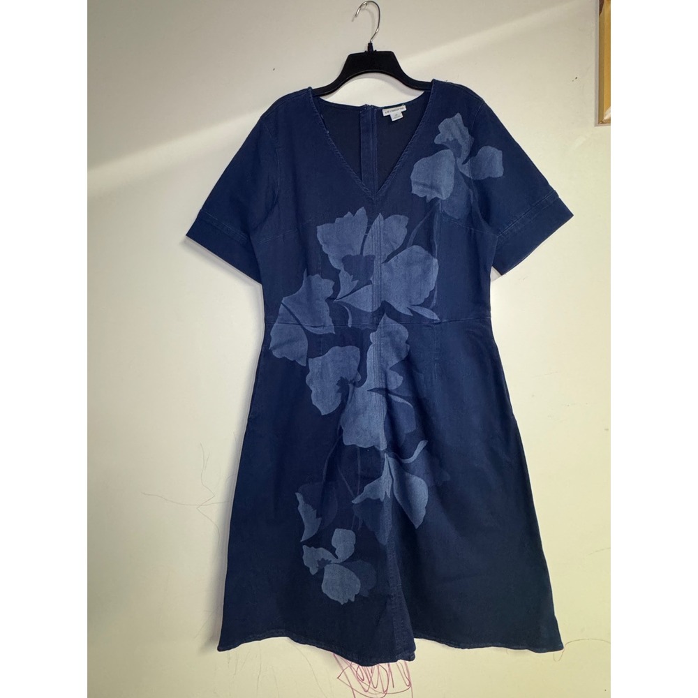Liz Claiborne Womens Indigo Blue Floral Denim V-Neck Fit Flare Dress Size 16 NWT